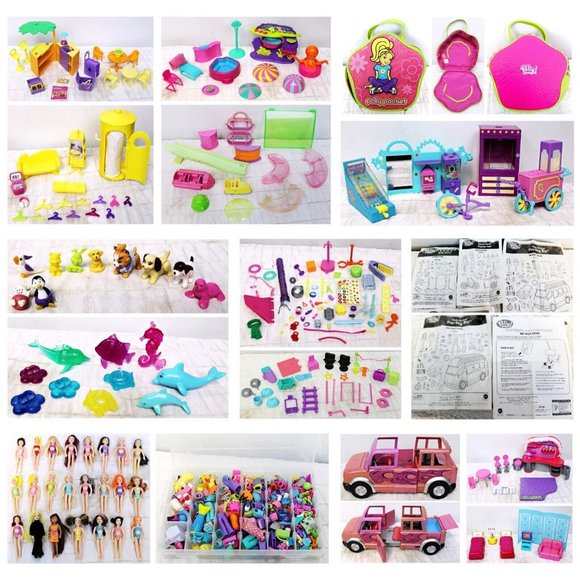 6 lb Lot of Mixed Polly Pocket Sets 23 dolls Bag 1 Box Of Outfits Shoes Oragnize